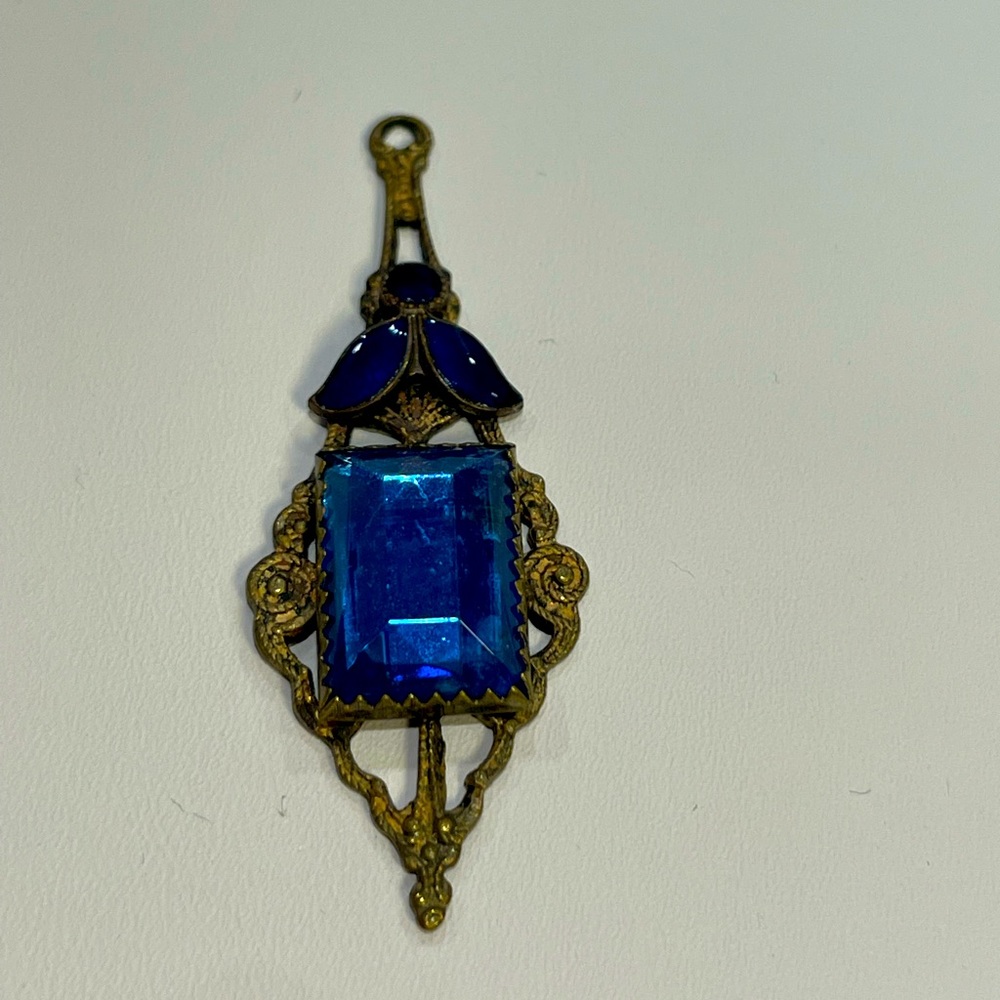 Vintage Gold Filled Lavalier with Blue Enamel and Large Blue Stone
